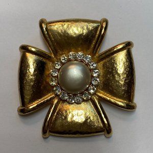 BALENCIAGA GOLD RHINESTONE AND PEARL COSTUME PIN